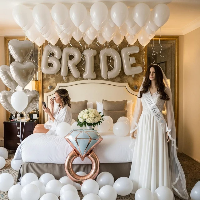Alt view image 9 of 14 - Cream White Bridal Shower party decorations with huge 40 Inch BRIDE letter Pearl Balloons BRIDE to be Sash Bridal Veil and Diamond Ring Heart shape Balloons For Bachelorette party Wedding supplies