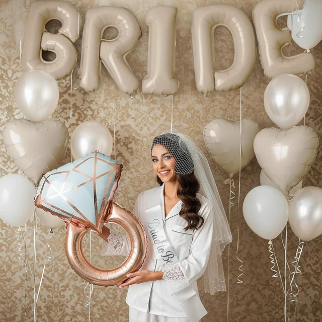 Alt view image 10 of 14 - Cream White Bridal Shower party decorations with huge 40 Inch BRIDE letter Pearl Balloons BRIDE to be Sash Bridal Veil and Diamond Ring Heart shape Balloons For Bachelorette party Wedding supplies