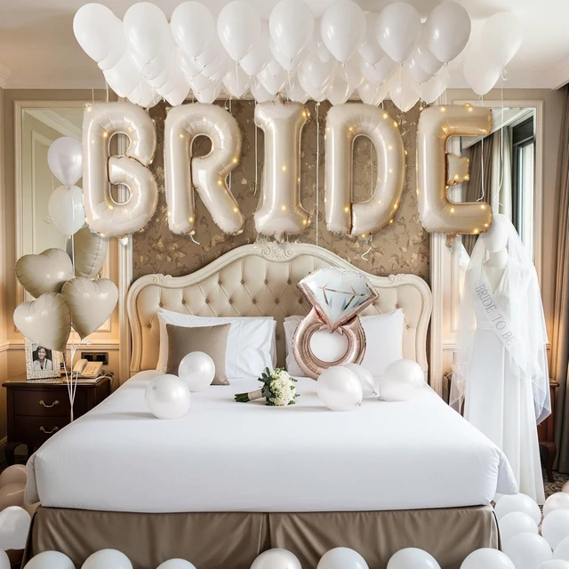 Alt view image 11 of 14 - Cream White Bridal Shower party decorations with huge 40 Inch BRIDE letter Pearl Balloons BRIDE to be Sash Bridal Veil and Diamond Ring Heart shape Balloons For Bachelorette party Wedding supplies