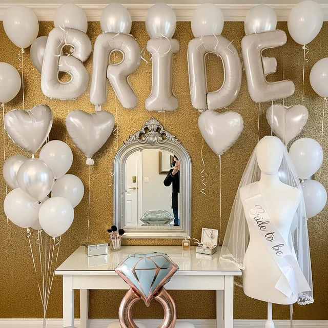 Alt view image 13 of 14 - Cream White Bridal Shower party decorations with huge 40 Inch BRIDE letter Pearl Balloons BRIDE to be Sash Bridal Veil and Diamond Ring Heart shape Balloons For Bachelorette party Wedding supplies