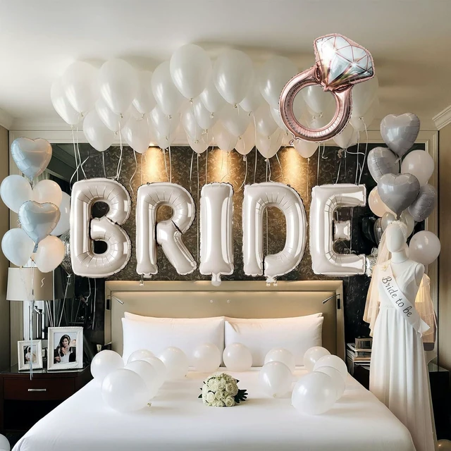 Alt view image 8 of 14 - Cream White Bridal Shower party decorations with huge 40 Inch BRIDE letter Pearl Balloons BRIDE to be Sash Bridal Veil and Diamond Ring Heart shape Balloons For Bachelorette party Wedding supplies