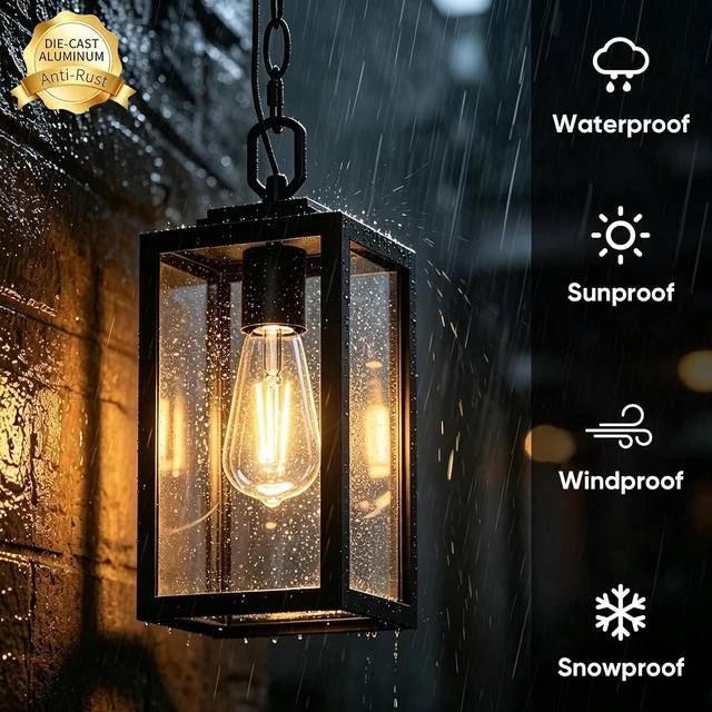 Alt view image 9 of 14 - Modern Outdoor Pendant Light, 1-Light Outdoor Hanging Lantern Light, Matte Black Aluminum with Clear Glass, Exterior Pendant Lighting Fixture for Porch, Yard, Gazebo