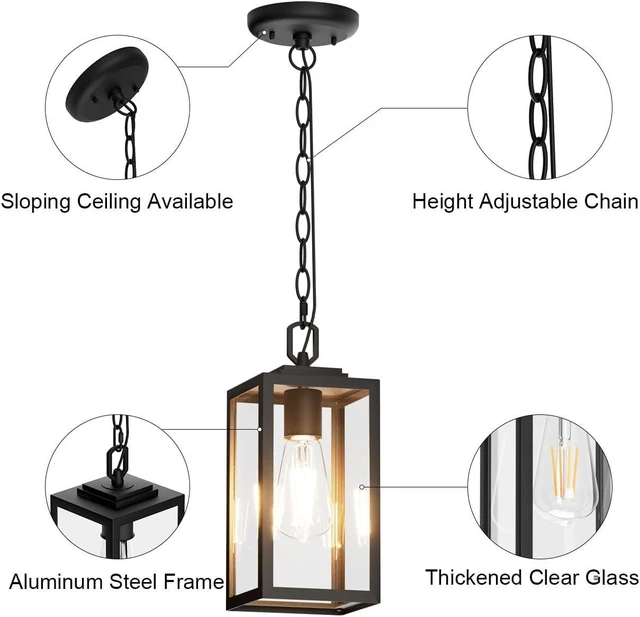 Alt view image 12 of 14 - Modern Outdoor Pendant Light, 1-Light Outdoor Hanging Lantern Light, Matte Black Aluminum with Clear Glass, Exterior Pendant Lighting Fixture for Porch, Yard, Gazebo