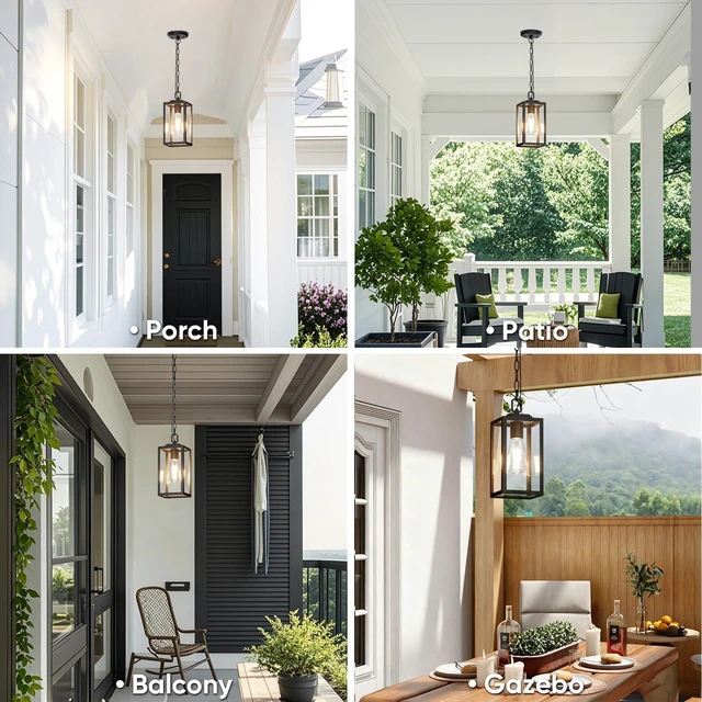Alt view image 11 of 14 - Modern Outdoor Pendant Light, 1-Light Outdoor Hanging Lantern Light, Matte Black Aluminum with Clear Glass, Exterior Pendant Lighting Fixture for Porch, Yard, Gazebo