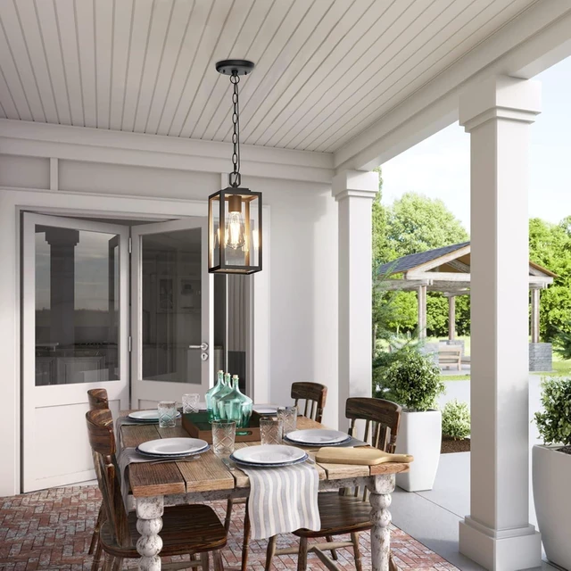 Alt view image 14 of 14 - Modern Outdoor Pendant Light, 1-Light Outdoor Hanging Lantern Light, Matte Black Aluminum with Clear Glass, Exterior Pendant Lighting Fixture for Porch, Yard, Gazebo