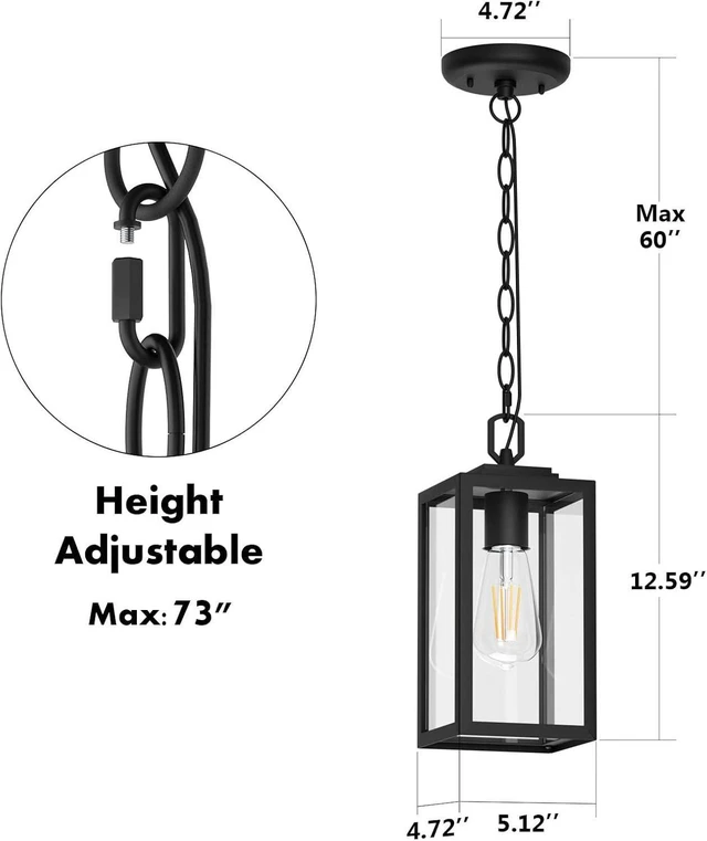 Alt view image 13 of 14 - Modern Outdoor Pendant Light, 1-Light Outdoor Hanging Lantern Light, Matte Black Aluminum with Clear Glass, Exterior Pendant Lighting Fixture for Porch, Yard, Gazebo