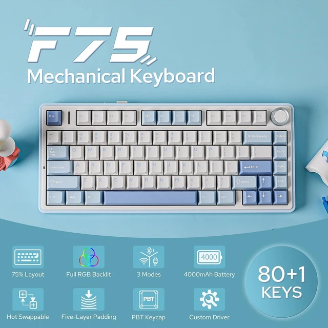 Alt view image 9 of 14 - EPOMAKER x Aula F75 Gasket Mechanical Keyboard, 75% Wireless Hot Swappable Gaming Keyboard with Five-Layer Padding&Knob, BT/2.4GHz/USB-C, RGB (Sea Salt Blue, LEOBOG Reaper Switch)