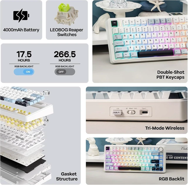 Alt view image 10 of 14 - EPOMAKER x Aula F75 Gasket Mechanical Keyboard, 75% Wireless Hot Swappable Gaming Keyboard with Five-Layer Padding&Knob, BT/2.4GHz/USB-C, RGB (Light Blue, LEOBOG Reaper Switch)