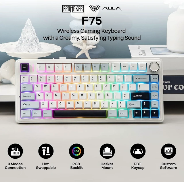 Alt view image 9 of 14 - EPOMAKER x Aula F75 Gasket Mechanical Keyboard, 75% Wireless Hot Swappable Gaming Keyboard with Five-Layer Padding&Knob, BT/2.4GHz/USB-C, RGB (Light Blue, LEOBOG Reaper Switch)