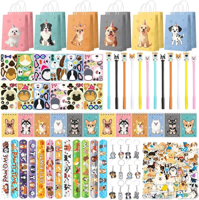 Alt view image 8 of 14 - 122 Pcs Dog Party Favors, Dog Themed Birthday Party Decorations, Cute Dog Goodie Bags Stuffers Make Your Own Stickers Keychain Wristbands Mini Notebooks for Kids Adopt a Puppy Party Favor