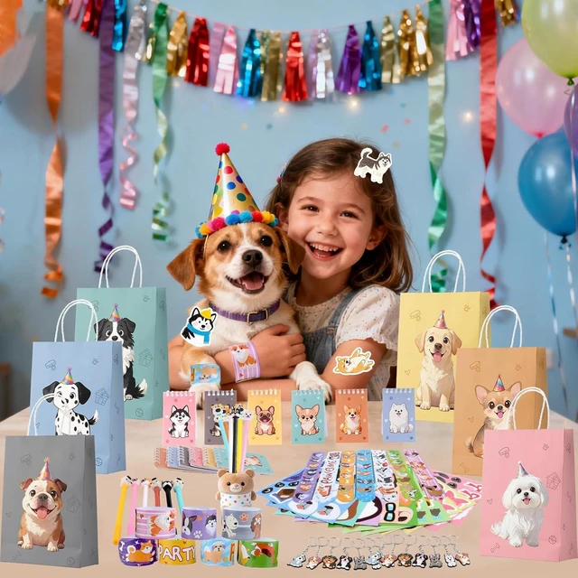 Alt view image 13 of 14 - 122 Pcs Dog Party Favors, Dog Themed Birthday Party Decorations, Cute Dog Goodie Bags Stuffers Make Your Own Stickers Keychain Wristbands Mini Notebooks for Kids Adopt a Puppy Party Favor