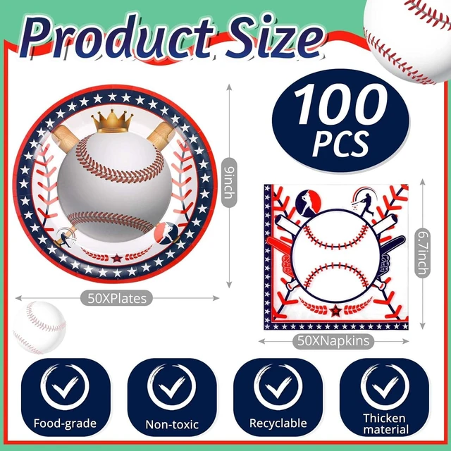 Alt view image 9 of 12 - Umigy 100 Pcs Baseball Paper Plates and Napkins Set Baseball Party Supplies Decorations Disposable Tableware Dinner Lunch Dessert Appetizer for Sport Themed Birthday Baby Shower Party Favors Serves 50