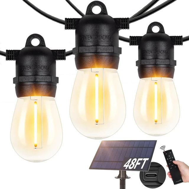 Alt view image 8 of 14 - BesLowe 48FT S14 Solar String Lights Outdoor with Remote Controller, Solar Powered Patio Lights Waterproof with LED Edison Bulbs, Dimmable Hanging Lights for Outside Backyard Porch, USB Rechargeable