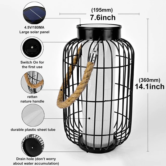 Alt view image 9 of 14 - Large Outdoor Solar Lanterns Hanging Light Waterproof LED Garden Lights solar powered Retro Metal Auto On Off Table Lamp for Garden Patio Porch Lawn Pathway Walkway Tabletop Decorative(Black)