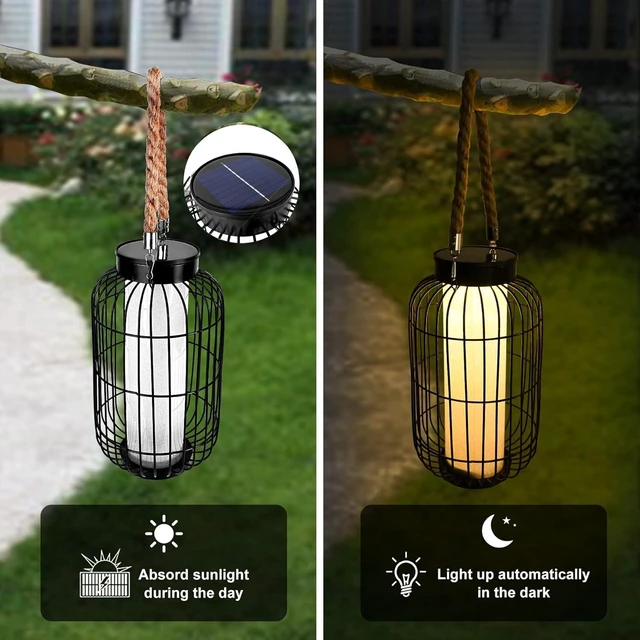 Alt view image 10 of 14 - Large Outdoor Solar Lanterns Hanging Light Waterproof LED Garden Lights solar powered Retro Metal Auto On Off Table Lamp for Garden Patio Porch Lawn Pathway Walkway Tabletop Decorative(Black)