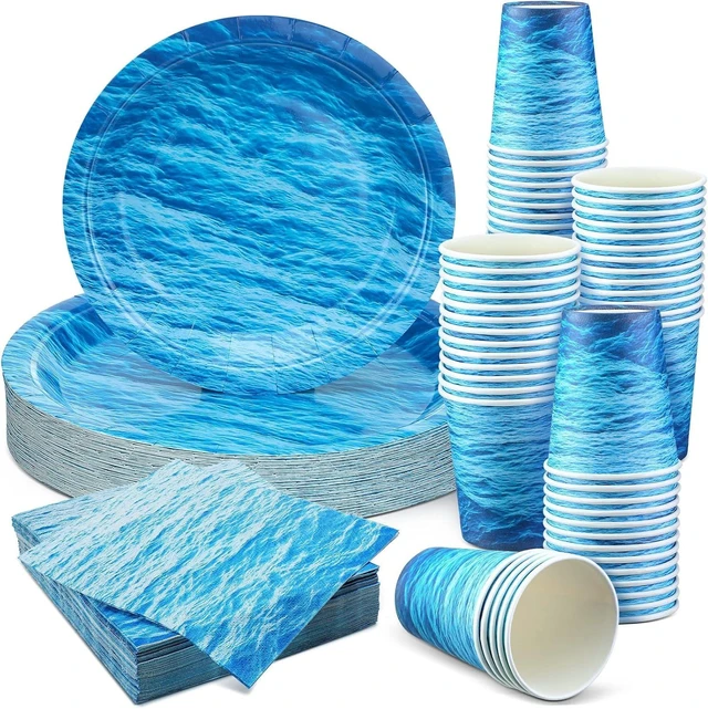 Alt view image 8 of 14 - 200 Pieces Ocean Party Supplies Ocean Waves Tableware Set Patterns Printed Plates Napkins Cups Table Decorations for Baby Shower Birthday Beach Pool Birthday Under The Sea Party Decorations Supplies