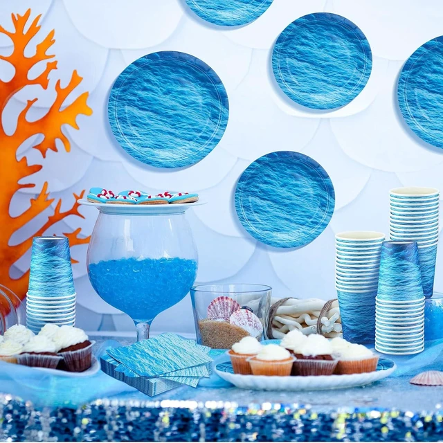 Alt view image 9 of 14 - 200 Pieces Ocean Party Supplies Ocean Waves Tableware Set Patterns Printed Plates Napkins Cups Table Decorations for Baby Shower Birthday Beach Pool Birthday Under The Sea Party Decorations Supplies