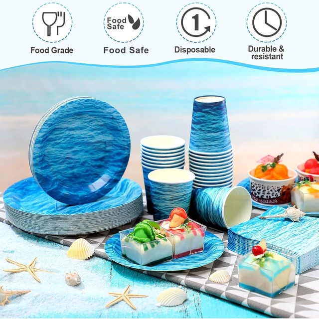 Alt view image 11 of 14 - 200 Pieces Ocean Party Supplies Ocean Waves Tableware Set Patterns Printed Plates Napkins Cups Table Decorations for Baby Shower Birthday Beach Pool Birthday Under The Sea Party Decorations Supplies