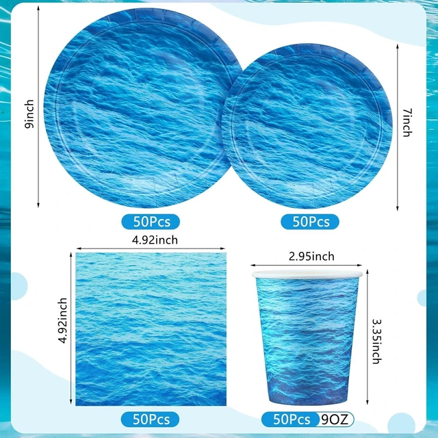 Alt view image 10 of 14 - 200 Pieces Ocean Party Supplies Ocean Waves Tableware Set Patterns Printed Plates Napkins Cups Table Decorations for Baby Shower Birthday Beach Pool Birthday Under The Sea Party Decorations Supplies