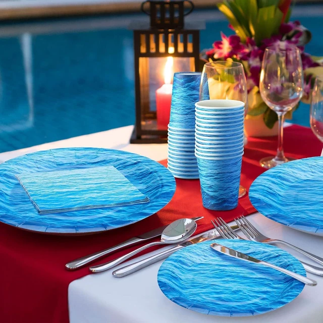 Alt view image 13 of 14 - 200 Pieces Ocean Party Supplies Ocean Waves Tableware Set Patterns Printed Plates Napkins Cups Table Decorations for Baby Shower Birthday Beach Pool Birthday Under The Sea Party Decorations Supplies