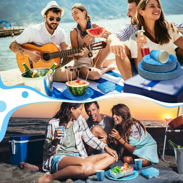 Alt view image 14 of 14 - 200 Pieces Ocean Party Supplies Ocean Waves Tableware Set Patterns Printed Plates Napkins Cups Table Decorations for Baby Shower Birthday Beach Pool Birthday Under The Sea Party Decorations Supplies