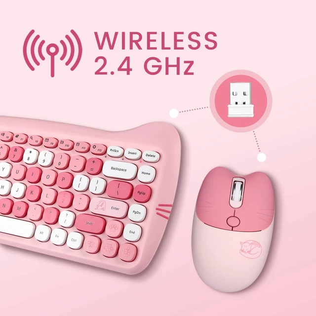 Alt view image 9 of 14 - Perixx PERIDUO-715 Wireless Mini Keyboard and Mouse Set - Cute Cat-Like Design - Pink Candy Colors - Type-C Adapter - US English