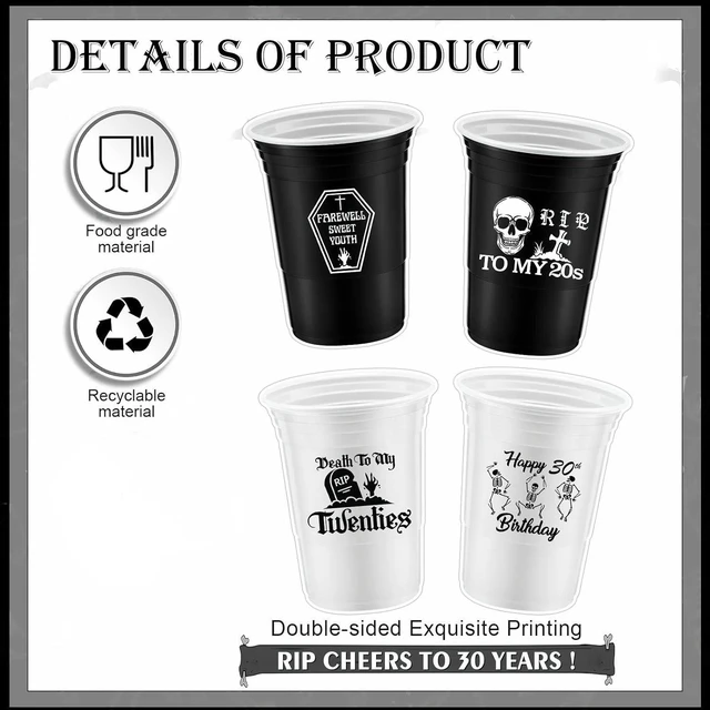 Alt view image 8 of 12 - Rtteri 48 Pack Death to My 20s Cups Decorations 16 oz Rip to My 20s Cups Gothic Birthday Decorations 30th Birthday Black White Cup for 30th Party Supplies