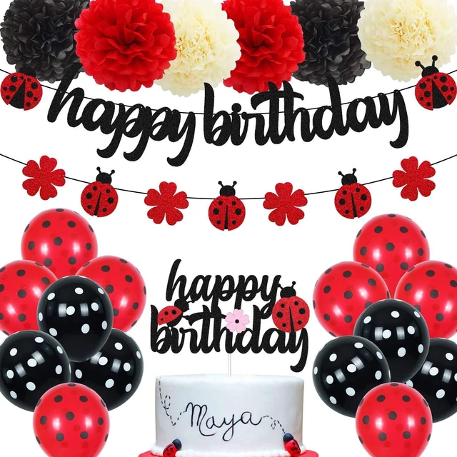 Alt view image 8 of 14 - Ladybug Birthday Decorations Ladybird Happy Birthday Banner Ladybeetle Cake Topper Black Red Latex Balloon Pom Pom Flowers for Ladybug Theme Bday Party Supplies