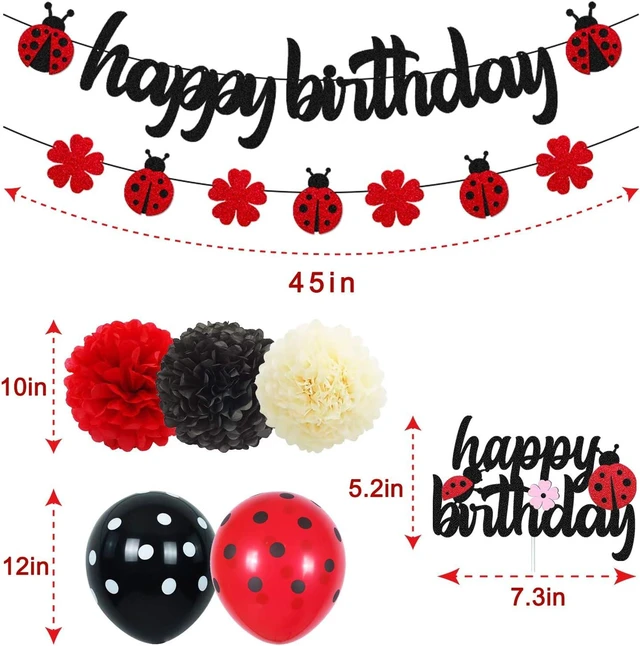 Alt view image 10 of 14 - Ladybug Birthday Decorations Ladybird Happy Birthday Banner Ladybeetle Cake Topper Black Red Latex Balloon Pom Pom Flowers for Ladybug Theme Bday Party Supplies