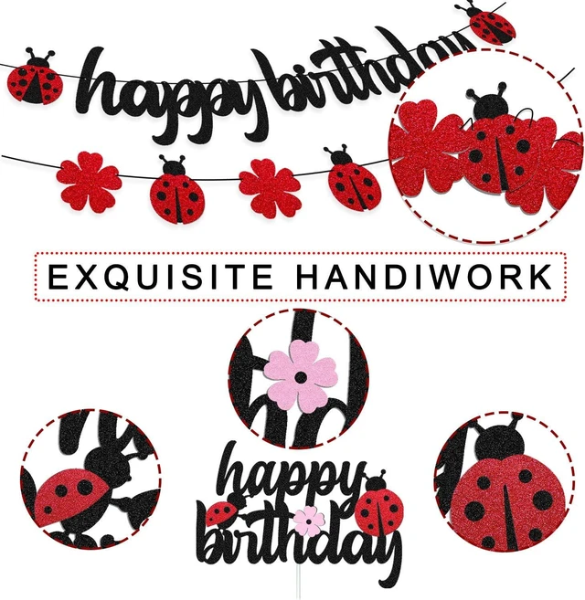 Alt view image 11 of 14 - Ladybug Birthday Decorations Ladybird Happy Birthday Banner Ladybeetle Cake Topper Black Red Latex Balloon Pom Pom Flowers for Ladybug Theme Bday Party Supplies