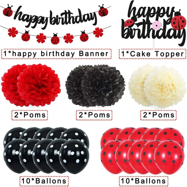 Alt view image 9 of 14 - Ladybug Birthday Decorations Ladybird Happy Birthday Banner Ladybeetle Cake Topper Black Red Latex Balloon Pom Pom Flowers for Ladybug Theme Bday Party Supplies