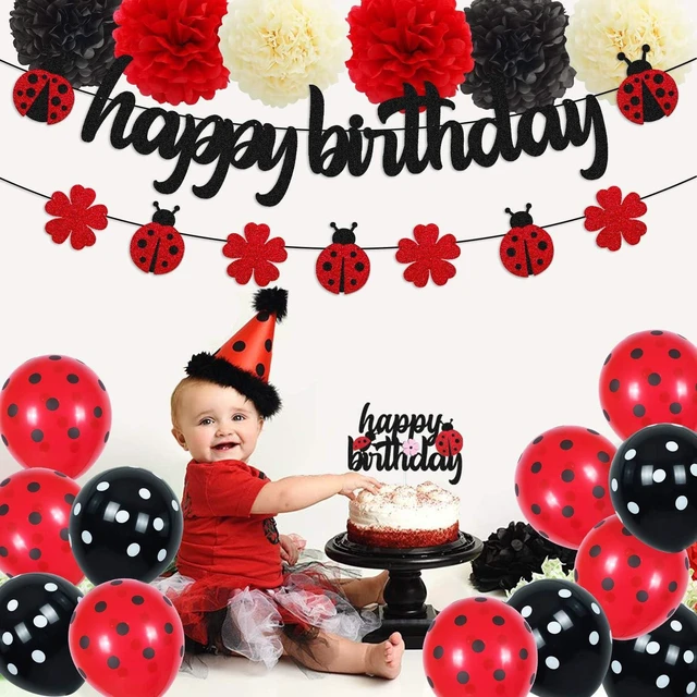 Alt view image 12 of 14 - Ladybug Birthday Decorations Ladybird Happy Birthday Banner Ladybeetle Cake Topper Black Red Latex Balloon Pom Pom Flowers for Ladybug Theme Bday Party Supplies