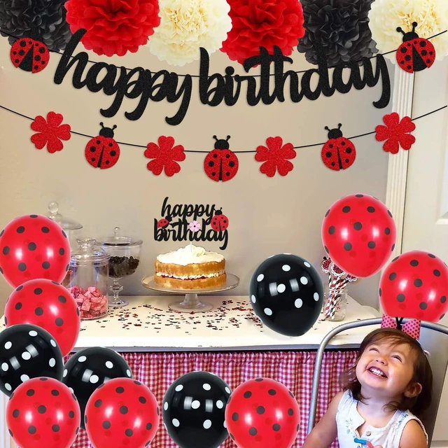Alt view image 13 of 14 - Ladybug Birthday Decorations Ladybird Happy Birthday Banner Ladybeetle Cake Topper Black Red Latex Balloon Pom Pom Flowers for Ladybug Theme Bday Party Supplies