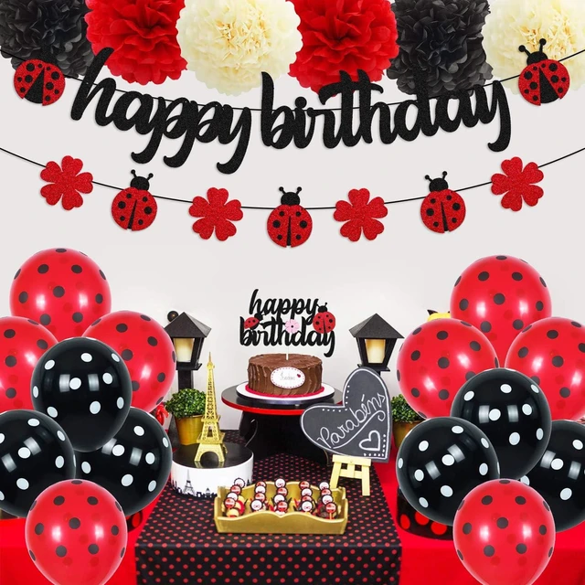 Alt view image 14 of 14 - Ladybug Birthday Decorations Ladybird Happy Birthday Banner Ladybeetle Cake Topper Black Red Latex Balloon Pom Pom Flowers for Ladybug Theme Bday Party Supplies
