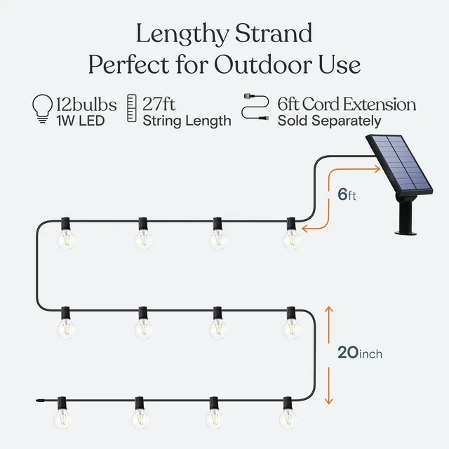 Alt view image 12 of 14 - Brightech Ambience Pro Solar Powered LED Outdoor String Lights - 27 Ft Commercial Waterproof Patio Lights with Edison Bulbs - Durable String Lights for Outside, Backyard, Porch - 1W, Warm White