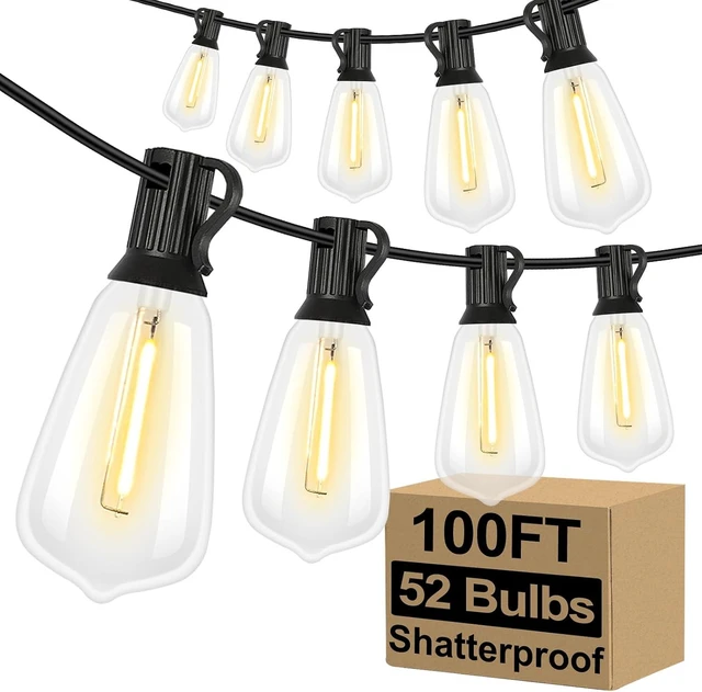 Alt view image 8 of 14 - Brightever LED Outdoor String Lights 100FT Patio Lights with 52 Shatterproof ST38 Vintage Edison Bulbs, Outside Hanging Light Waterproof for Porch, Deck, Garden, Backyard, Balcony, 2700K Dimmable