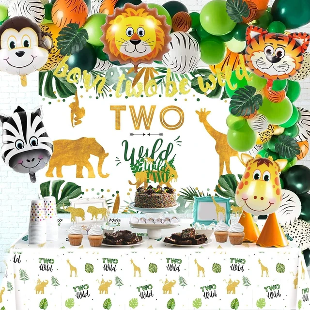 Alt view image 11 of 14 - Two Wild Birthday Decorations - Safari Jungle Theme 2nd Birthday Party Supplies Includes Banner, Backdrop, Balloons Arch, Tablecloth, Topper, Two Wild Jungle Safari Theme Party Decorations