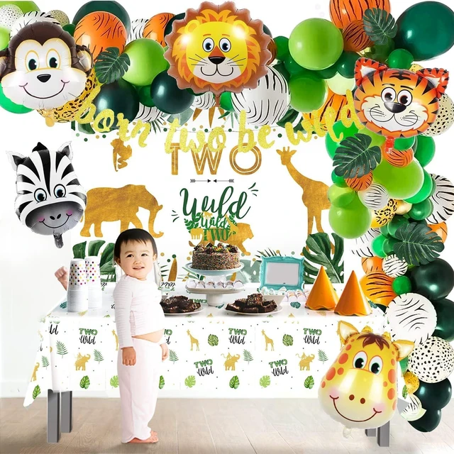 Alt view image 12 of 14 - Two Wild Birthday Decorations - Safari Jungle Theme 2nd Birthday Party Supplies Includes Banner, Backdrop, Balloons Arch, Tablecloth, Topper, Two Wild Jungle Safari Theme Party Decorations