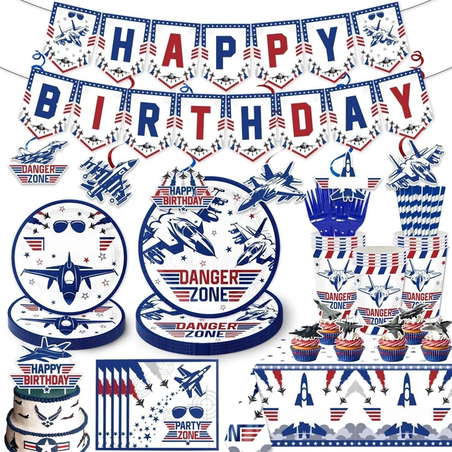 Alt view image 7 of 12 - 163PCS Air Force Party Fighter Jet Pilot Birthday Party Decorations ,Top Party Supplies Gun Plates and Napkins Military Jet Tableware,Banner, Hanging Swirls, Tablecloth, the Danger Zone Cake Topper