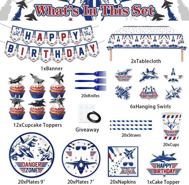 Alt view image 8 of 12 - 163PCS Air Force Party Fighter Jet Pilot Birthday Party Decorations ,Top Party Supplies Gun Plates and Napkins Military Jet Tableware,Banner, Hanging Swirls, Tablecloth, the Danger Zone Cake Topper