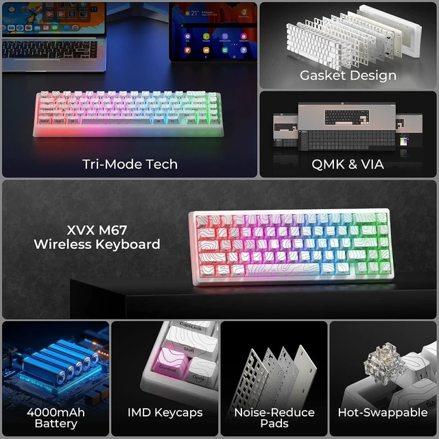 Alt view image 9 of 14 - HITIME x XVX M67 Wireless 60% Percent Keyboard, QMK/VIA Topographic Gaming Keyboard, Tri-Mode Thocky Creamy Mechanical Key Board, Hot Swappable Gasket Mount RGB IMD Tech for Win/Mac(JadeStone)