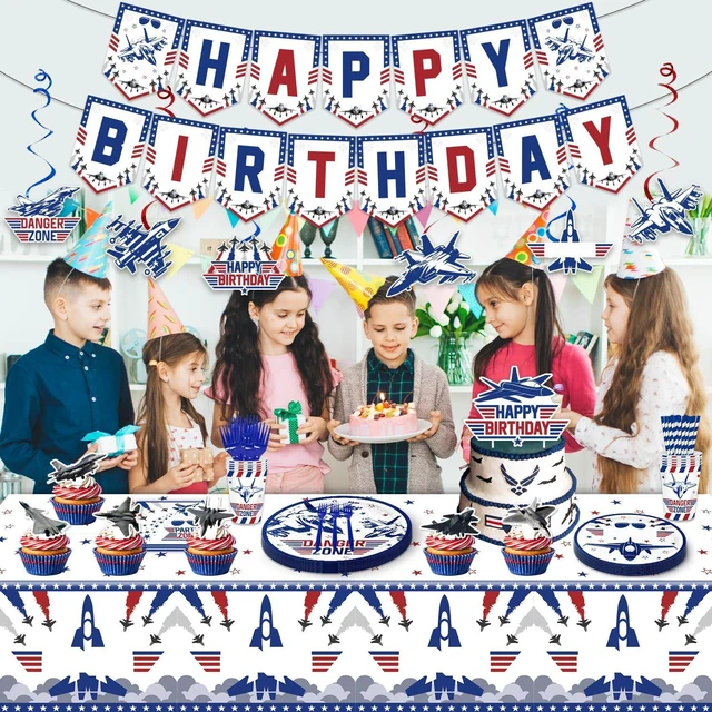 Alt view image 11 of 12 - 163PCS Air Force Party Fighter Jet Pilot Birthday Party Decorations ,Top Party Supplies Gun Plates and Napkins Military Jet Tableware,Banner, Hanging Swirls, Tablecloth, the Danger Zone Cake Topper