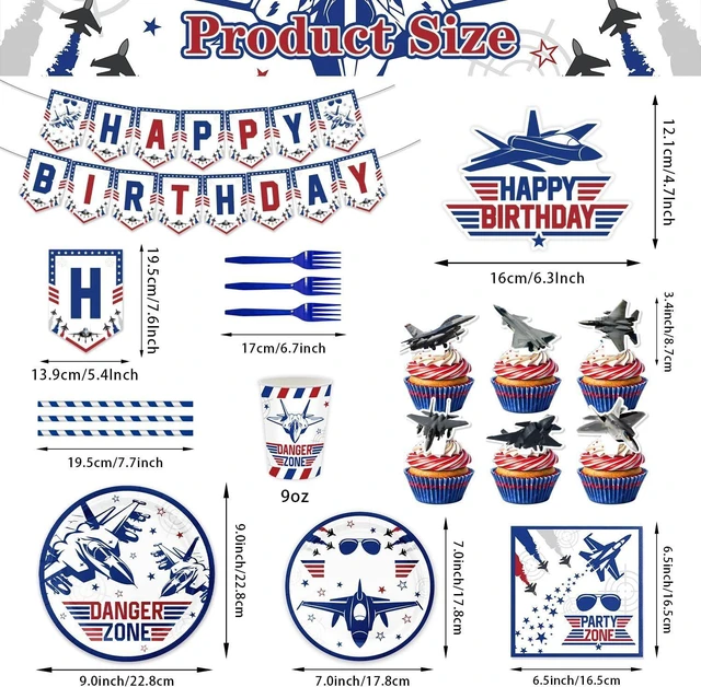 Alt view image 10 of 12 - 163PCS Air Force Party Fighter Jet Pilot Birthday Party Decorations ,Top Party Supplies Gun Plates and Napkins Military Jet Tableware,Banner, Hanging Swirls, Tablecloth, the Danger Zone Cake Topper