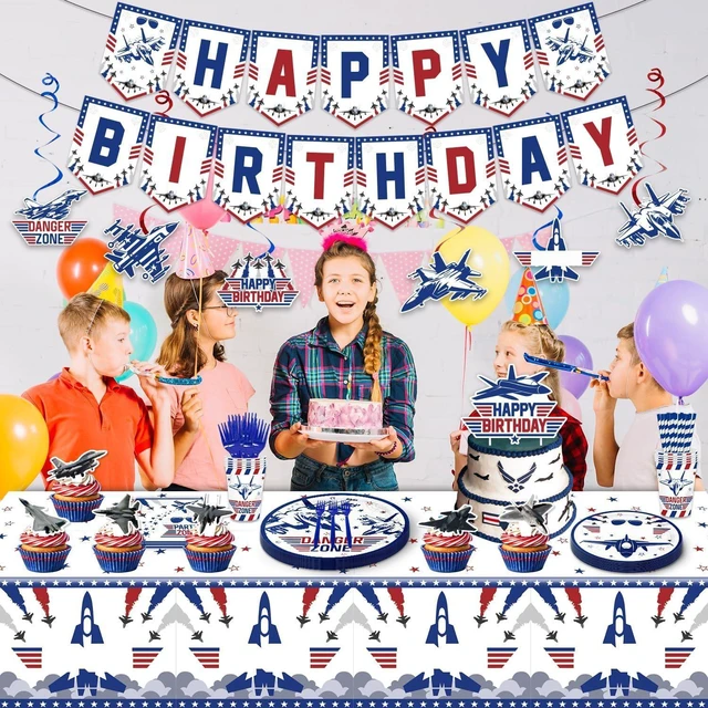Alt view image 12 of 12 - 163PCS Air Force Party Fighter Jet Pilot Birthday Party Decorations ,Top Party Supplies Gun Plates and Napkins Military Jet Tableware,Banner, Hanging Swirls, Tablecloth, the Danger Zone Cake Topper
