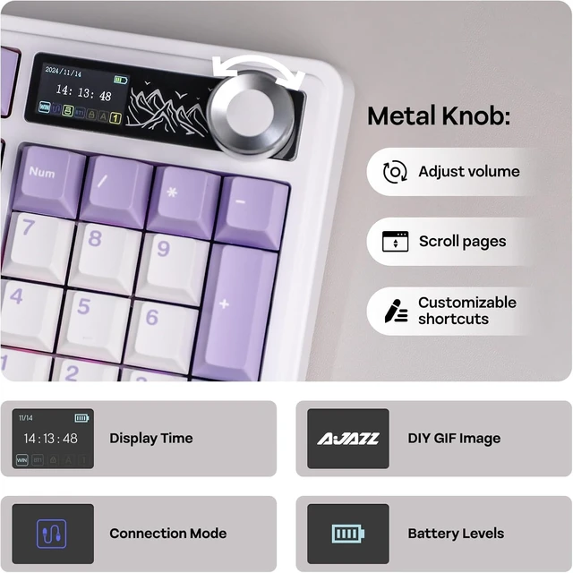 Alt view image 10 of 14 - MechLands AJAZZ AK980 V2 Mechanical Gaming Keyboard with Display Screen, 10000mAh Battery, 98% Wireless Keyboard with BT/USB-C/2.4GHz, Hot Swappable, Knob, RGB for Win/Mac (White, Gift V2 Switch)