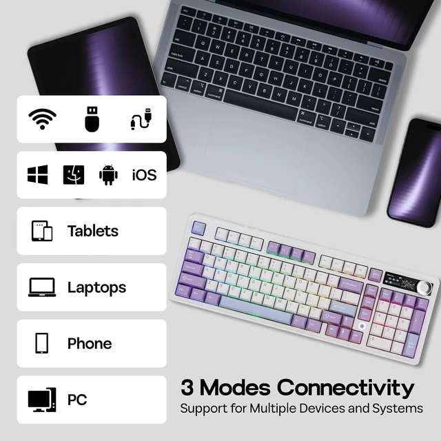 Alt view image 11 of 14 - MechLands AJAZZ AK980 V2 Mechanical Gaming Keyboard with Display Screen, 10000mAh Battery, 98% Wireless Keyboard with BT/USB-C/2.4GHz, Hot Swappable, Knob, RGB for Win/Mac (White, Gift V2 Switch)