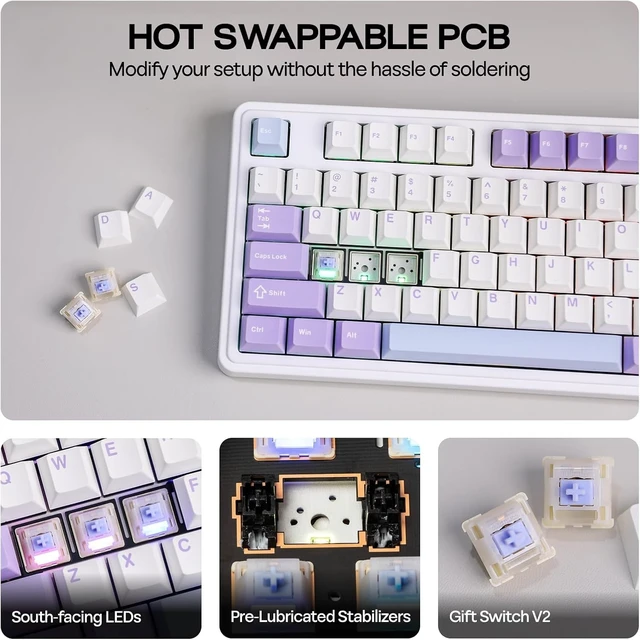 Alt view image 12 of 14 - MechLands AJAZZ AK980 V2 Mechanical Gaming Keyboard with Display Screen, 10000mAh Battery, 98% Wireless Keyboard with BT/USB-C/2.4GHz, Hot Swappable, Knob, RGB for Win/Mac (White, Gift V2 Switch)