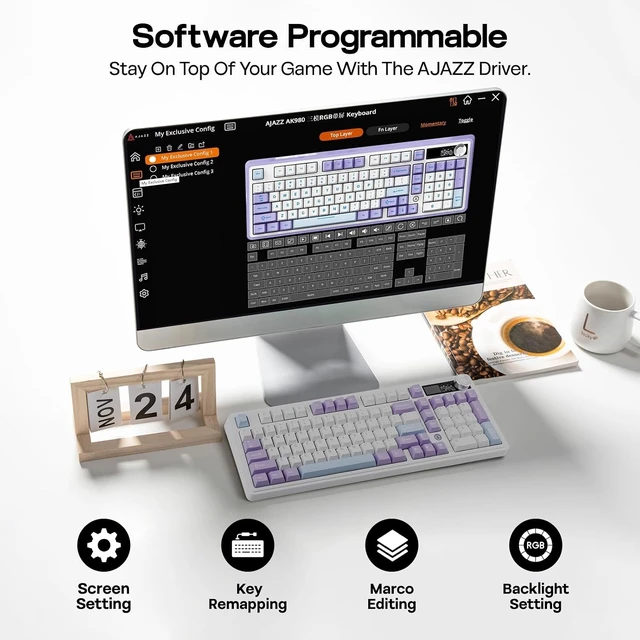 Alt view image 14 of 14 - MechLands AJAZZ AK980 V2 Mechanical Gaming Keyboard with Display Screen, 10000mAh Battery, 98% Wireless Keyboard with BT/USB-C/2.4GHz, Hot Swappable, Knob, RGB for Win/Mac (White, Gift V2 Switch)
