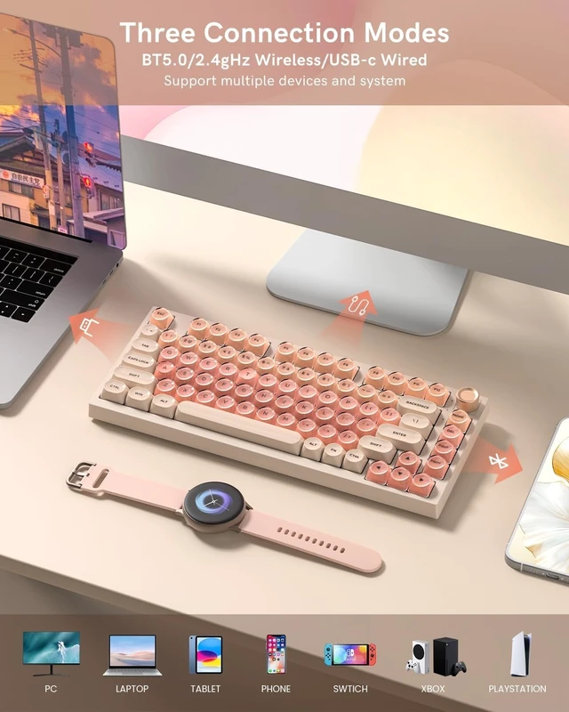 Alt view image 10 of 14 - WK75 Wireless Mechanical Keyboard with Knob, 75% Foundation Pink Creamy Keyboard, Hot Swappable, Pre-lubed Switches, Gasket Mount with MOA Profile Jelly Keycaps, RGB Backlit Gaming Keyboards