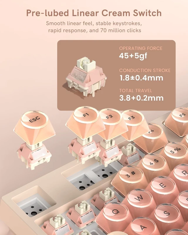 Alt view image 12 of 14 - WK75 Wireless Mechanical Keyboard with Knob, 75% Foundation Pink Creamy Keyboard, Hot Swappable, Pre-lubed Switches, Gasket Mount with MOA Profile Jelly Keycaps, RGB Backlit Gaming Keyboards